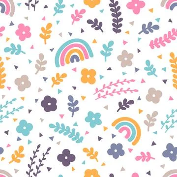 Cute floral seamless pattern with hand drawn elements. Spring time. Rainbow.. イラスト素材