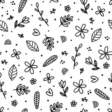 Cute floral seamless pattern with hand drawn black elements. Scandinavian s.. イラスト素材