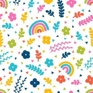 Cute floral seamless pattern with hand drawn elements. Rainbow, flowers. Sp.. Stock Illustration