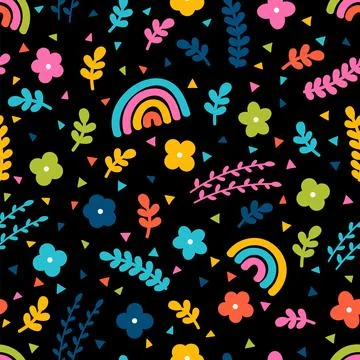 Cute floral seamless pattern with hand drawn elements. Rainbow, flowers. Sc.. イラスト素材