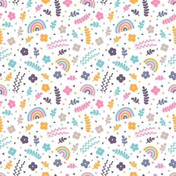 Cute floral seamless pattern with hand drawn elements. Spring. Rainbow, flo.. Stock Illustration