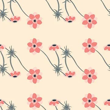 Cute floral seamless pattern with simple anemone flowers print. Pastel light  Illustrazione stock