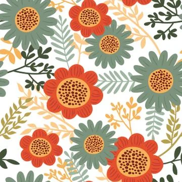 Cute floral seamless pattern. Vector background with flowers and leaves. Stock Illustration