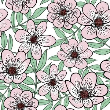 Cute floral seamless pattern. Vector background with flowers and leaves. Stock Illustration
