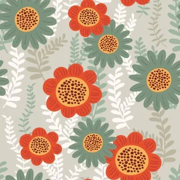 Cute floral seamless pattern. Vector background with flowers and leaves. Stock Illustration