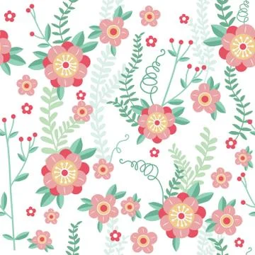 Cute floral seamless pattern. Vector background with flowers and leaves. Stock Illustration