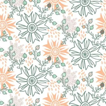 Cute floral seamless pattern. Vector background with flowers and leaves. Stock Illustration