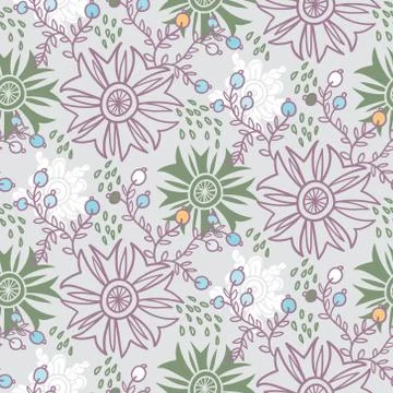 Cute floral seamless pattern. Vector background with flowers and leaves. Stock Illustration