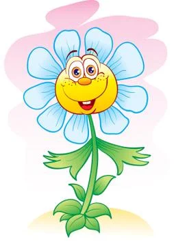 Cute flower character on a blue background, vector illustration, Stock Illustration
