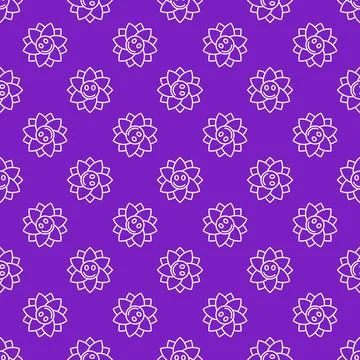 Cute Flower with Smiling Face vector seamless pattern in thin line style Stock Illustration