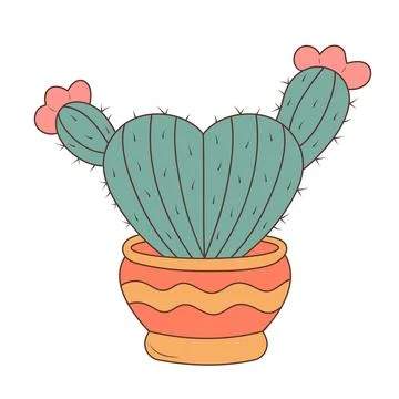 Cute flowering cactus in a pot in the shape of a heart. Hand drawn illustra.. Stock Illustration