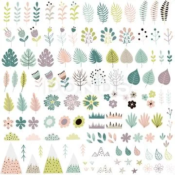 Cute flowers and plants big collection Stock Illustration