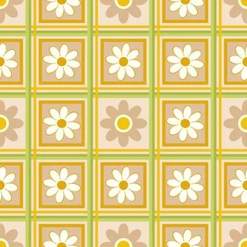 Cute flowers on checkered background, seamless vector pattern Illustrazione stock