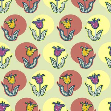 Cute flowers in circles vector seamless repeat pattern in yellow and terracot Stock Illustration