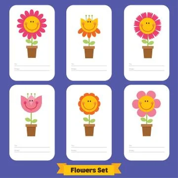 Cute flowers emoticon set. Funny flowers collection. Stock Illustration