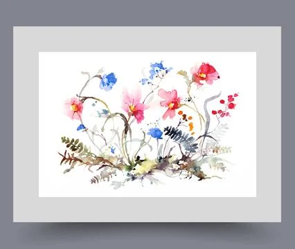 Cute flowers growing in clearing with thin crooked stems, on watercolor poster Stock Illustration