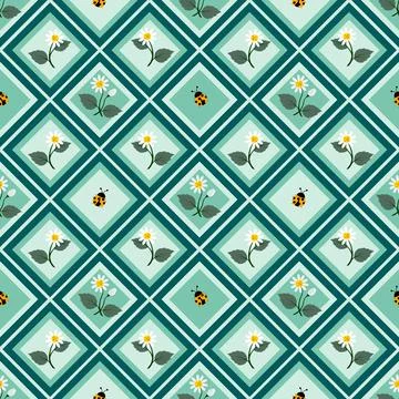 Cute flowers with ladybug seamless repeat pattern on pastel geometric backgro Illustrazione stock