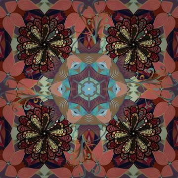 Cute flowers. Line seamless pattern. Vector Trendy fabric pattern. 스톡 일러스트