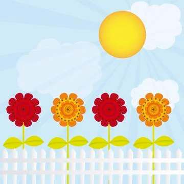 Cute flowers  over sky  with clouds ad sun background. vector Stock Illustration