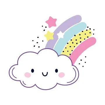 Cute Fluffy Cloud with Smiling Face and Colorful Rainbow with Stars Vector Stock Illustration