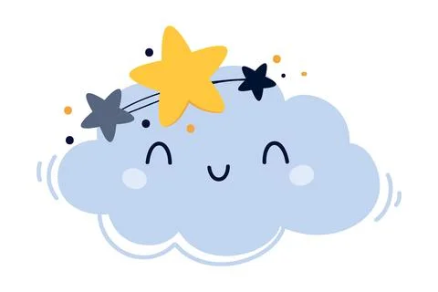 Cute Fluffy Cloud with Smiling Face Wearing Wreath of Stars Vector Illustration イラスト素材