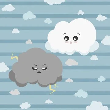 Cute fluffy clouds wondering in sky. Playful clouds isolated vector illustrat Illustrazione stock
