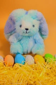 Cute fluffy Easter bunny with colourful Easter eggs 写真素材