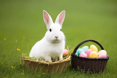 Cute fluffy easter bunny sitting in basket with colorful eggs Stock Photos