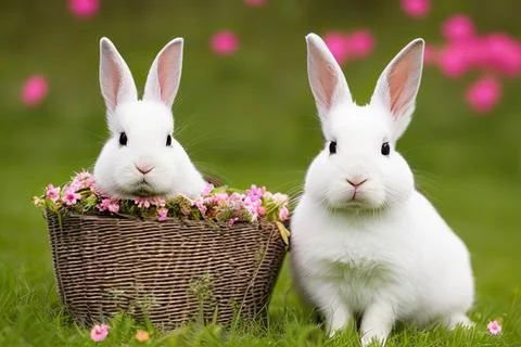 Cute fluffy easter bunny sitting in basket with colorful eggs 스톡 사진