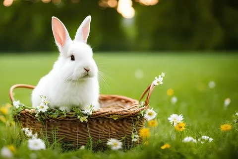 Cute fluffy easter bunny sitting in basket with colorful eggs 스톡 사진