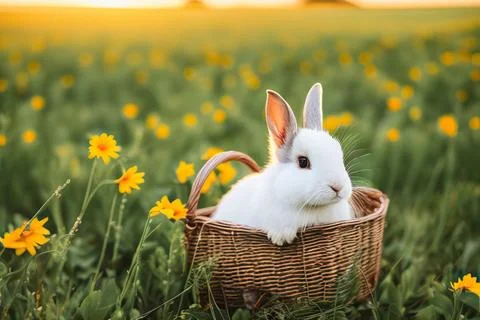Cute fluffy easter bunny sitting in basket with colorful eggs Stock Photos