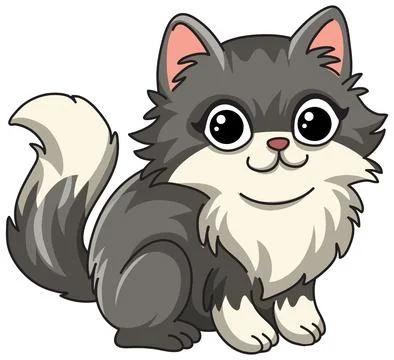 Cute Fluffy Grey and White Cartoon Kitten Vector Illustration Stock Illustration