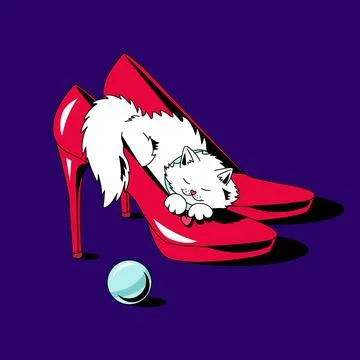 Cute fluffy kitten sleeping inside bright red high heel shoes Stock Illustration