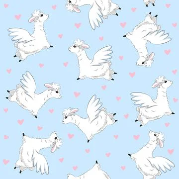 Cute fluffy llama seamless pattern. Hand drawn white lambs and pink hearts on a Stock Illustration