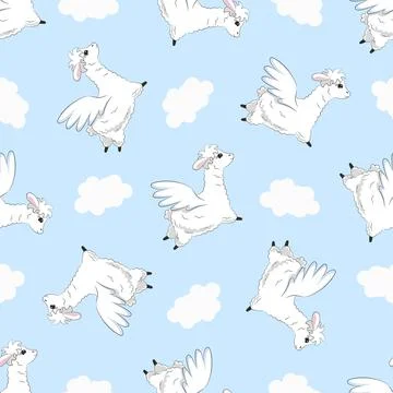 Cute fluffy llama seamless pattern. Hand drawn white lambs and cloud on a blue Stock Illustration