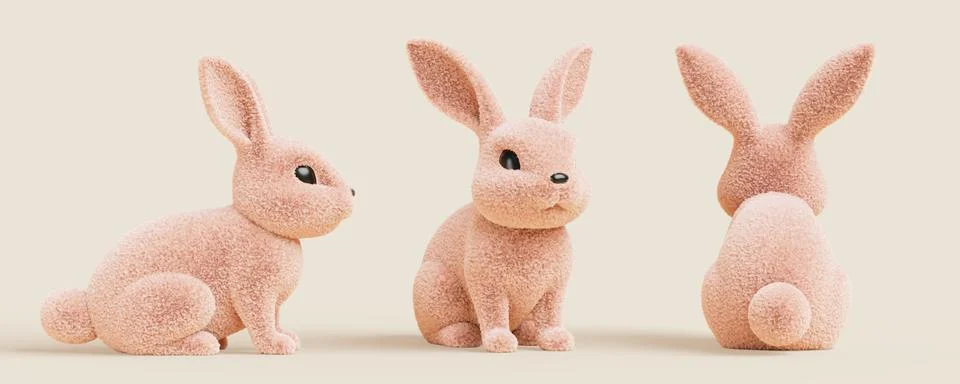 Cute fluffy rabbit front, side and back view. Adorable pink bunny with fur Stock-Illustration