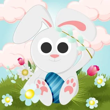 Cute fluffy rabbit got an egg for easter Stock Illustration