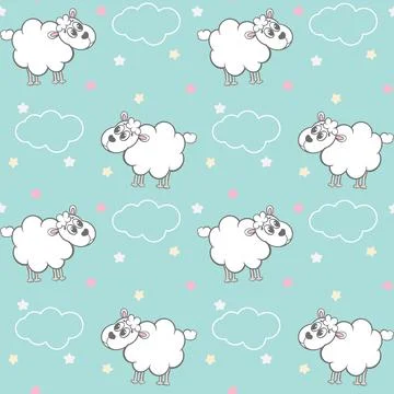 Cute fluffy sheep with clouds and stars seamless pattern. Illustrazione stock