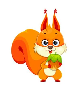 Cute fluffy squirrel holding nut, funny cartoon character Stock Illustration