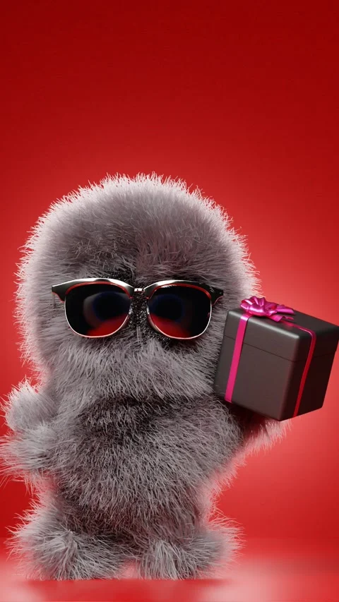 Cute fluffy yeti is dancing with a gift box. 3D animation of a hairy character o Stock Footage 258851245