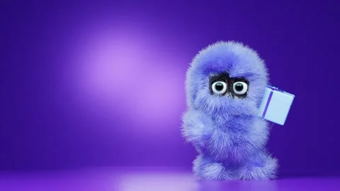 Cute fluffy yeti is dancing with a gift box. Stock-Footage 258851455