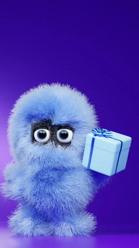 Cute fluffy yeti is dancing with a gift box. Video stock 258851585