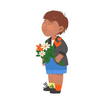 Cute Flushed Boy in Jacket Holding Flower Bouquet Vector Illustration イラスト素材