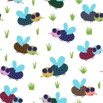 Cute fly seamless pattern. Nature background with funny insect Stock Illustration