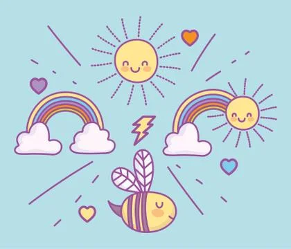 Cute flying bee rainbows clouds sun lovely cartoon Ilustração Stock