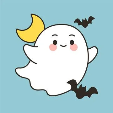 Cute flying ghost with crescent moon and bats Ilustración de archivo