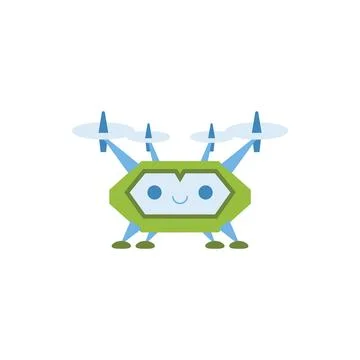 Cute flying robot or drone with cheerful face, cartoon flat vector illustration Stock Illustration