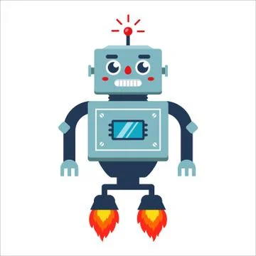 Cute flying robot in the sky on a white background. Stock Illustration