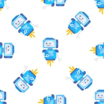 Cute flying robots seamless pattern on white background 스톡 일러스트