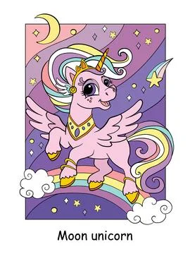 Cute flying unicorn with moon vector illustration Stock Illustration